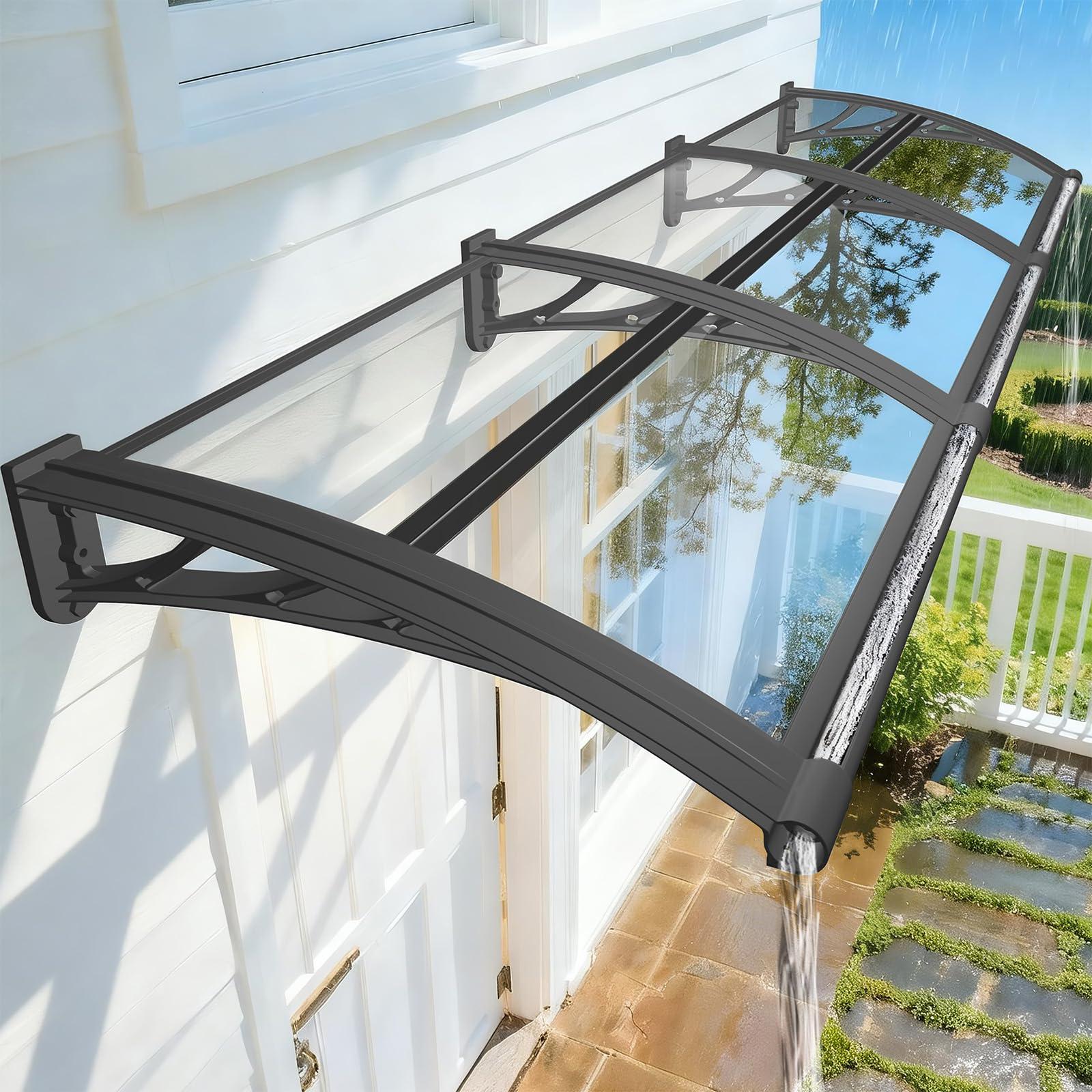LWJSOCP 24" x 59" Waterproof Window Canopy Aw for Door Entrance & Patio Outdoor Overhang with Drainage Sink UV-Resistant Polycarbonate Shelter Gray