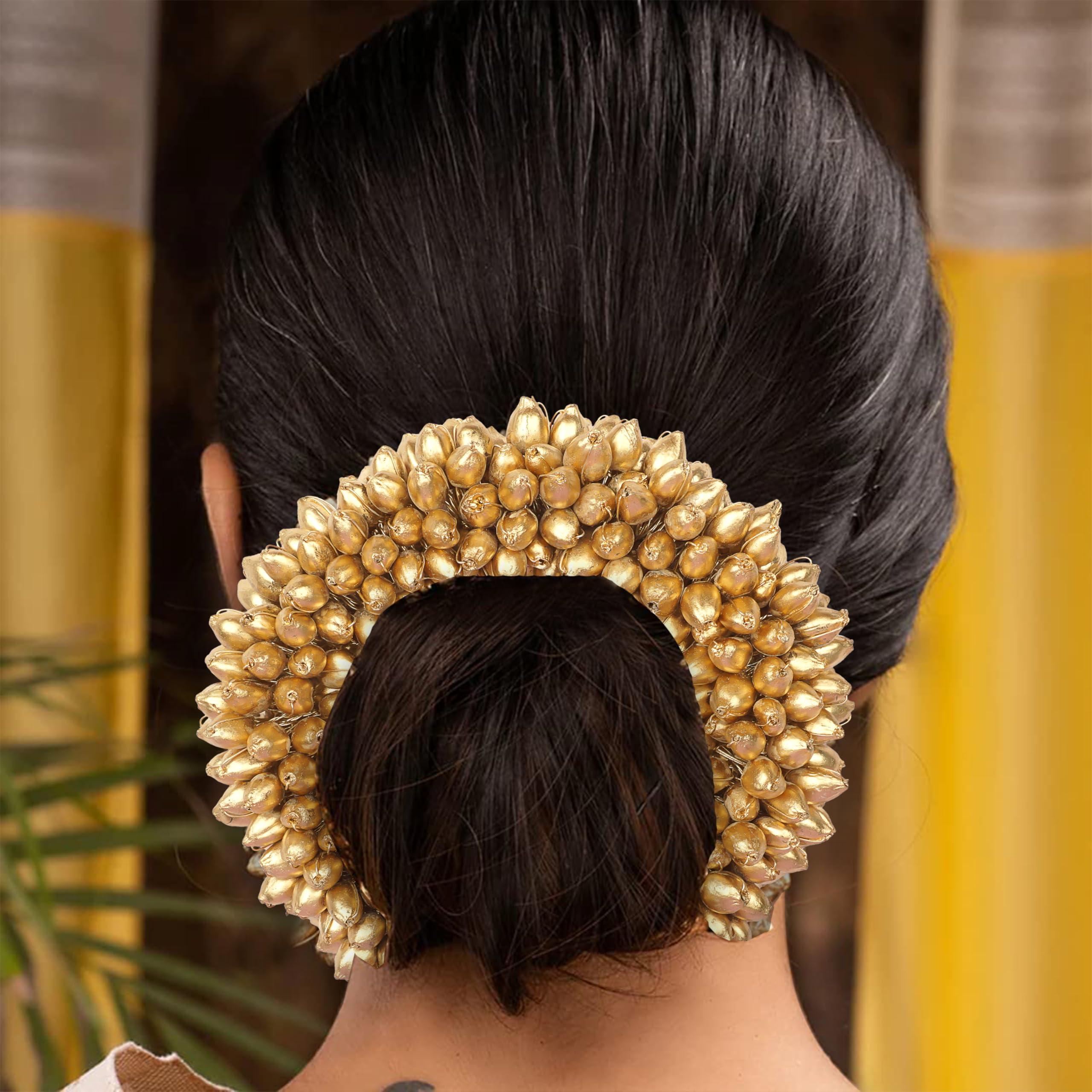 TrendyTrolley Artificial Premium Beaded Golden Gajra | Suitable For Wedding Haldi Bride to Be Mehendi Bharatnatyam Kathhak Dance (1 Pc) 1