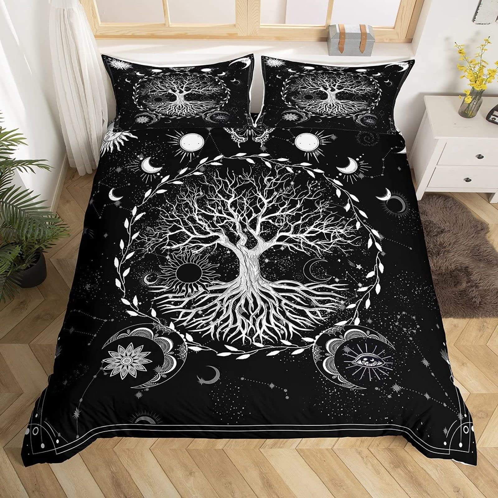 Housse de Couette 240x260 Arbre de Vie Soleil Lune, Parure de Lit 2 Personnes Imprimée 3D Microfibre, 2 Taies d'oreiller 65x65 cm avec Fermeture éclair