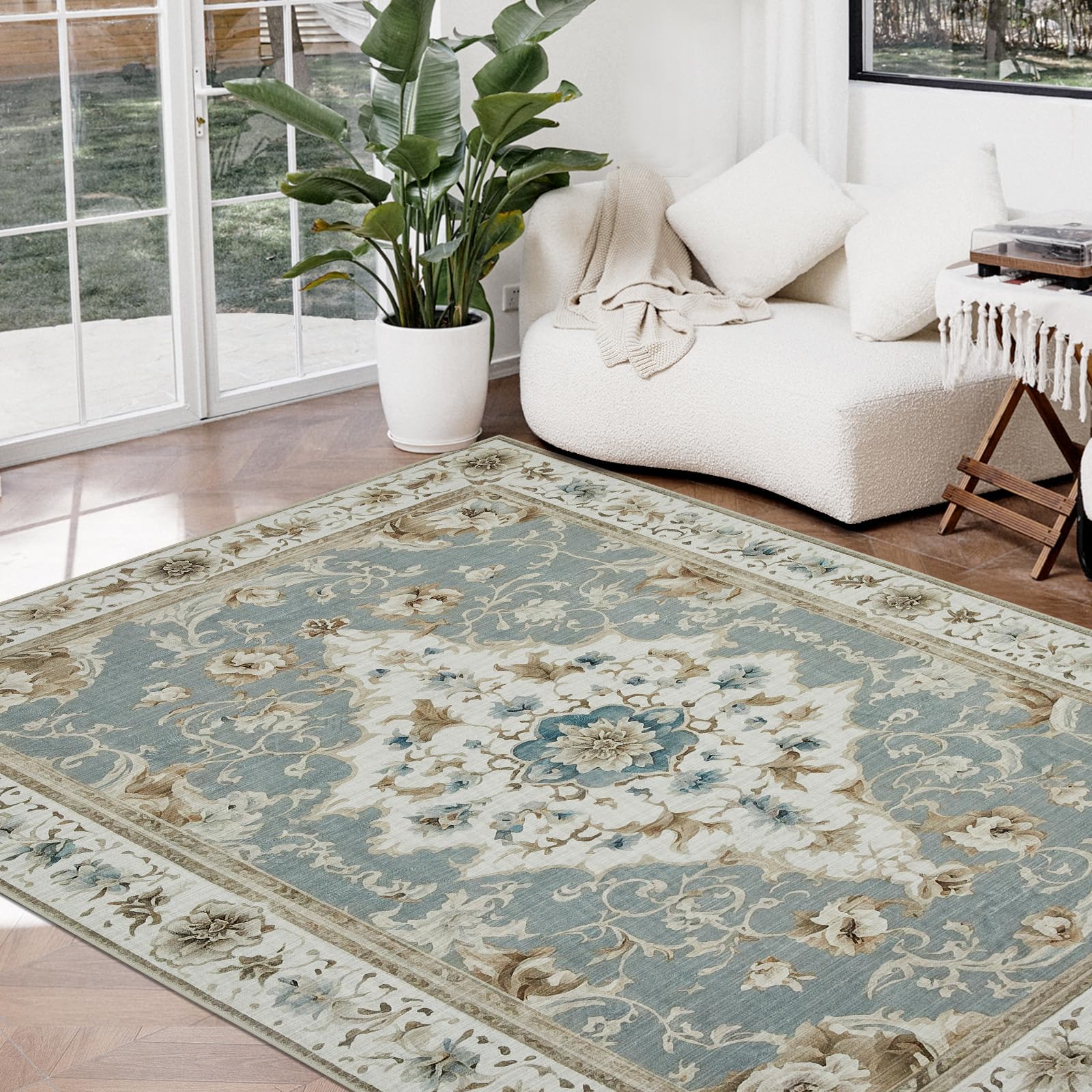 Joydeco 5x7 Area Rugs for Living Room, Non Slip Machine Washable Vintage Rug, Low Pile Non Slip Chenille Print Rugs for Bedroom, Dining Room,Home Office, Pet & Child Friendly, Blue&Beige Tan