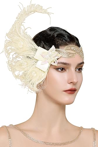 Miniatura 6 de Babeyond Cinta para la cabeza estilo década de 1920con pluma de pavo real diadema de los años 20 lentejuelas  Estilo 04 talla única  Negro