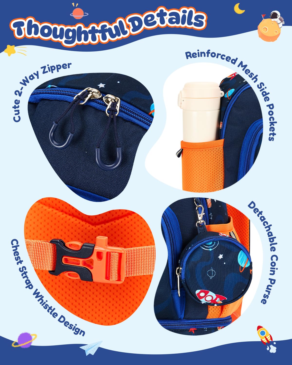PROTAURI Zainetto Asilo Bambino con Cinturino Toracico, Zaino Bimba Asilo Riflettente con Scomparto Isolato & Portamonete, Zaino Asilo Nido Impermeabile per 2-6 Anni, 11.5L, Astronauta