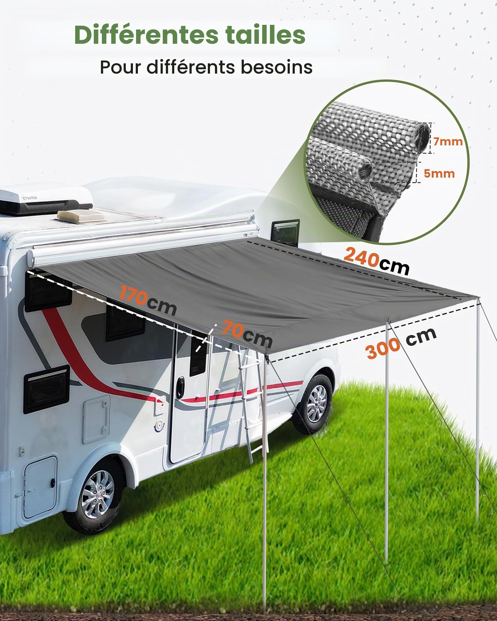 Voile d'ombrage pour caravane - 300 x 240 cm - Auvent pour camping-car avec 2 passepoil et 3 barres en aluminium - Protection contre l'eau de 5000 ml et protection solaire UV 50+