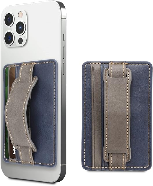 VAKS Card Holder for Back of Phone,PU Leather Wallet Pocket Credit Card ID Case 3M Adhesive Sticker with Expanding Stand and Grip for most smartphones,Blue