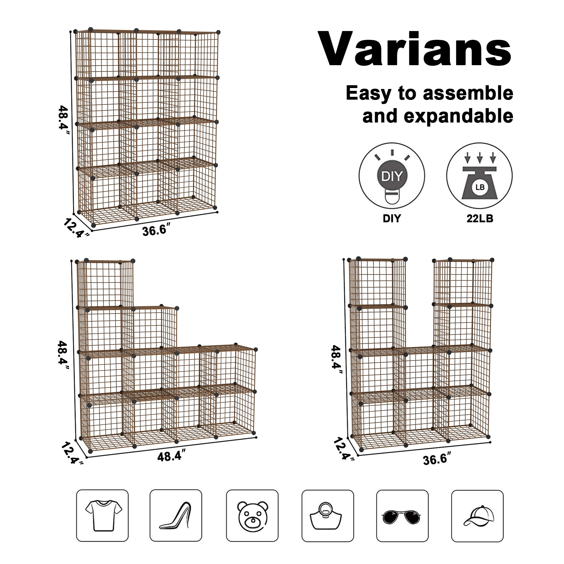 C&AHOME Drahtwürfel-Aufbewahrung, 12 Würfel-Organizer, C-Gitter, modulare Regale, Schrank-Organizer, ideal für Zuhause, Büro, Wohnzimmer, 91 cm L x 32 cm B 122 cm H, Braun UWCS3012R