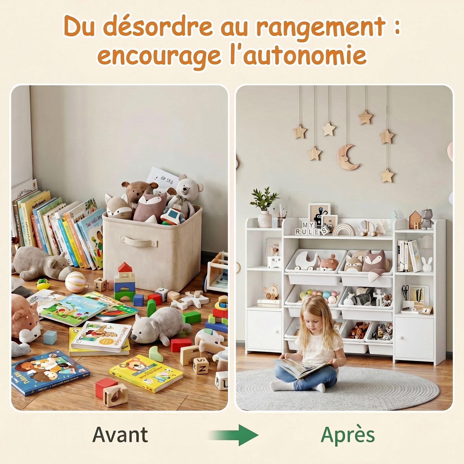 FOREHILL Meuble de Rangement Jouets Enfant Bibliothèque Enfant avec 8 Boîtes Amovibles 9 Étagères Organisateur de Jouets pour Chambre d’Enfant Salle de Jeu Blanc