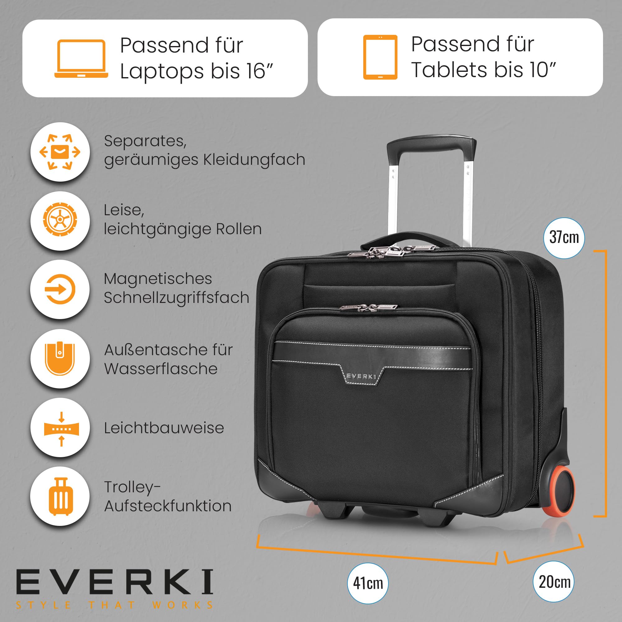 Everki Journey Laptop-Trolley 24 L für 16 Zoll – Business-Aktentasche mit Rollen, reisefreundliche Handgepäck-Laptoptasche und leichte Bürotasche – schwarz (EKB440)