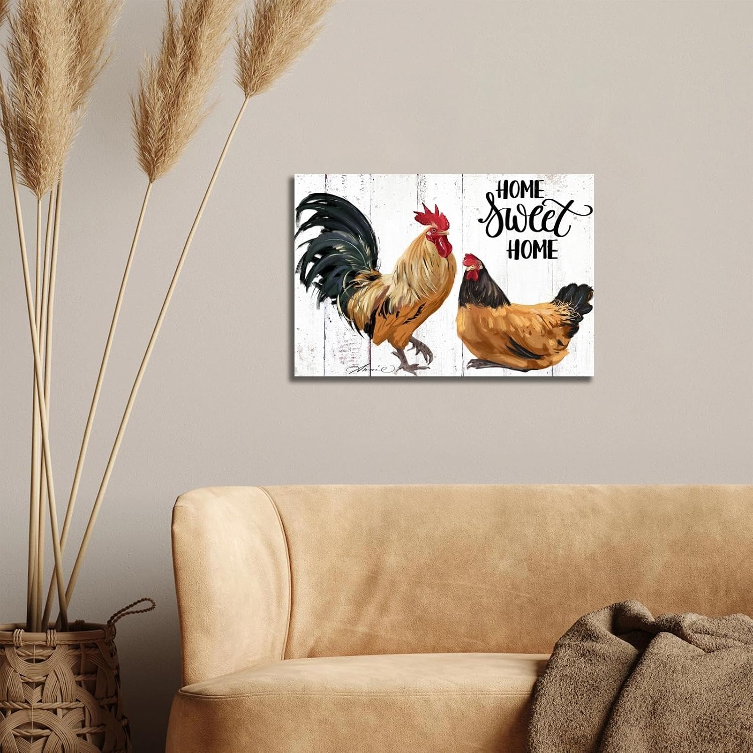 Farmhouse Rooster Wall Art Canvas Print - Rustic Kitchen Decor Painting for Home, Country Chicken Themed Artwork 10“x15"