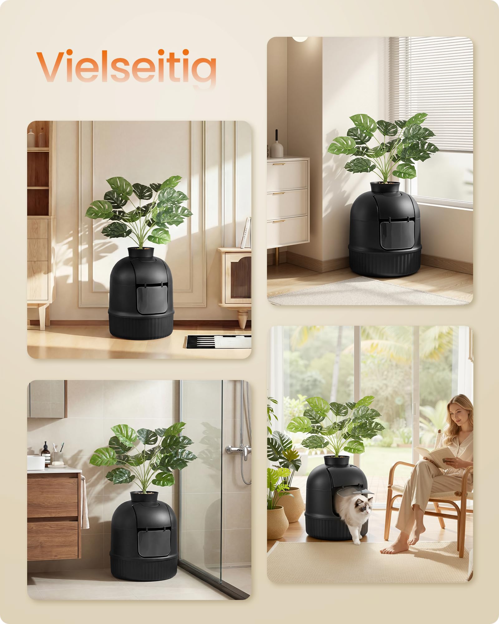 Feandrea Katzenklo Blumentopf, versteckte Katzentoilette, mit künstlicher Pflanze, Tür, geschlossen, Kohlefilter, Geruchskontrolle, Kieselsteinen, Schaufel, Bürste, tintenschwarz PPT006B101