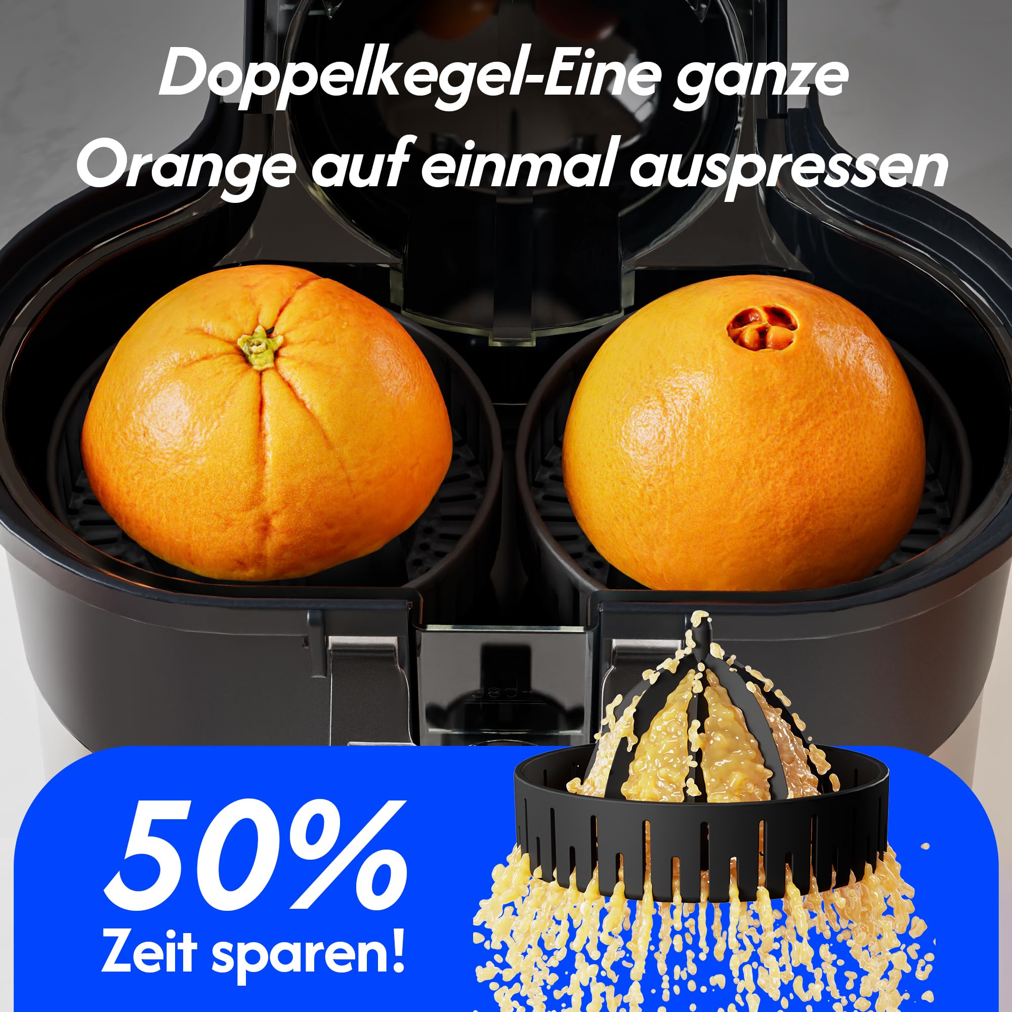 B Juicy O2 Elektrische Zitruspresse & Orangenpresse – Doppelkegel-Entsafter mit Schneider, vollautomatisch, 100W，13500 U/min, BPA-frei, 380ml, leicht zu reinigen, für Orangen, Zitronen & mehr