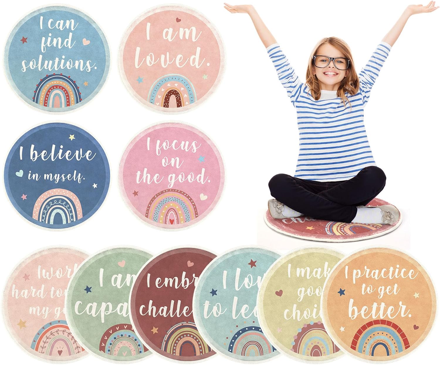 Whaline 10Pcs Classroom Kids Carpet Circle Seat Inspirational Carpet Seats Back to School Non Slip Floor Seat Mat Rug for Group Activity Learning Play Areas