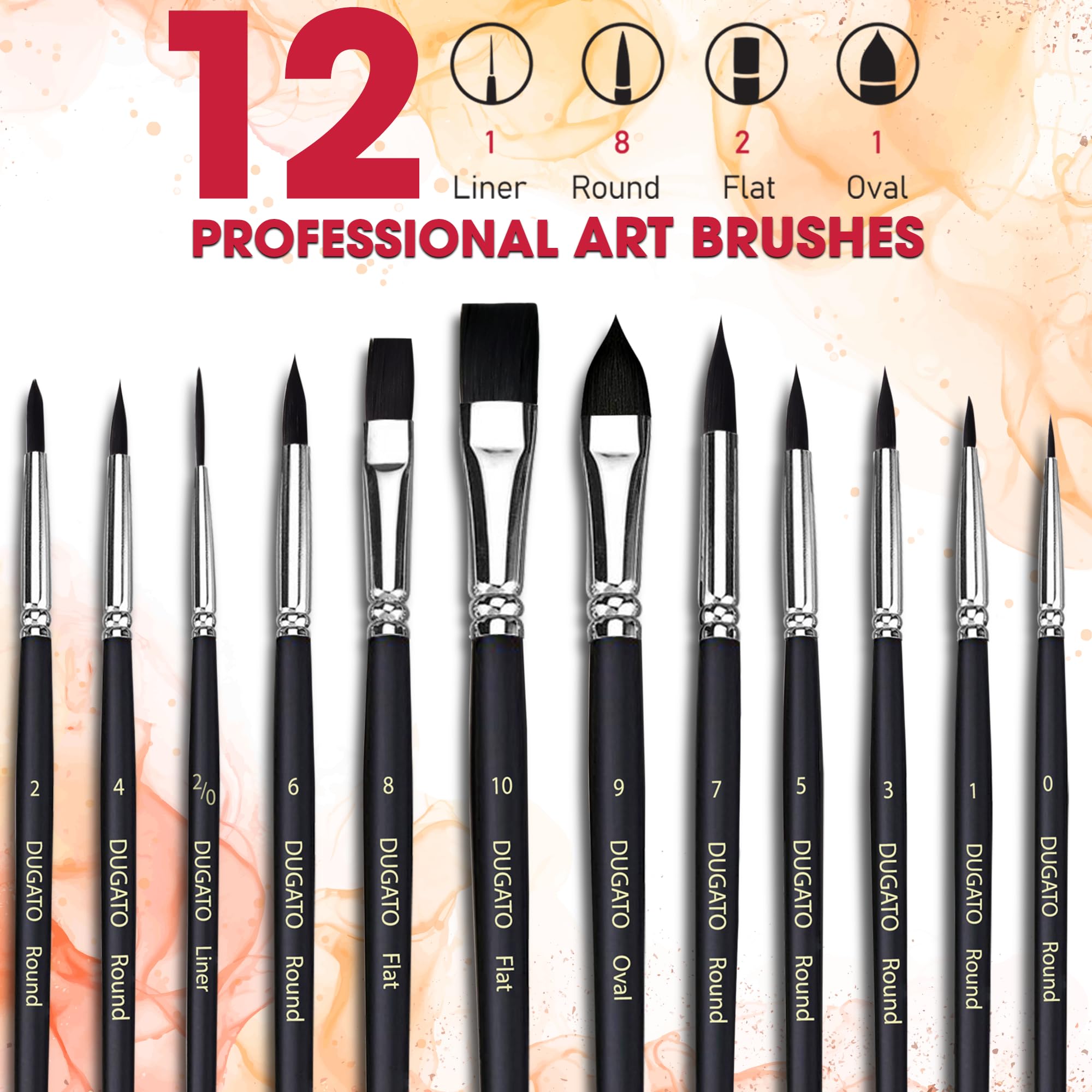 DUGATO Juego de 12 Pinceles de Acuarela Profesionales para Acuarela, acrílicos, tintas, Gouache, Aceite, témpera, Miniatura, para Principiantes y Profesionales