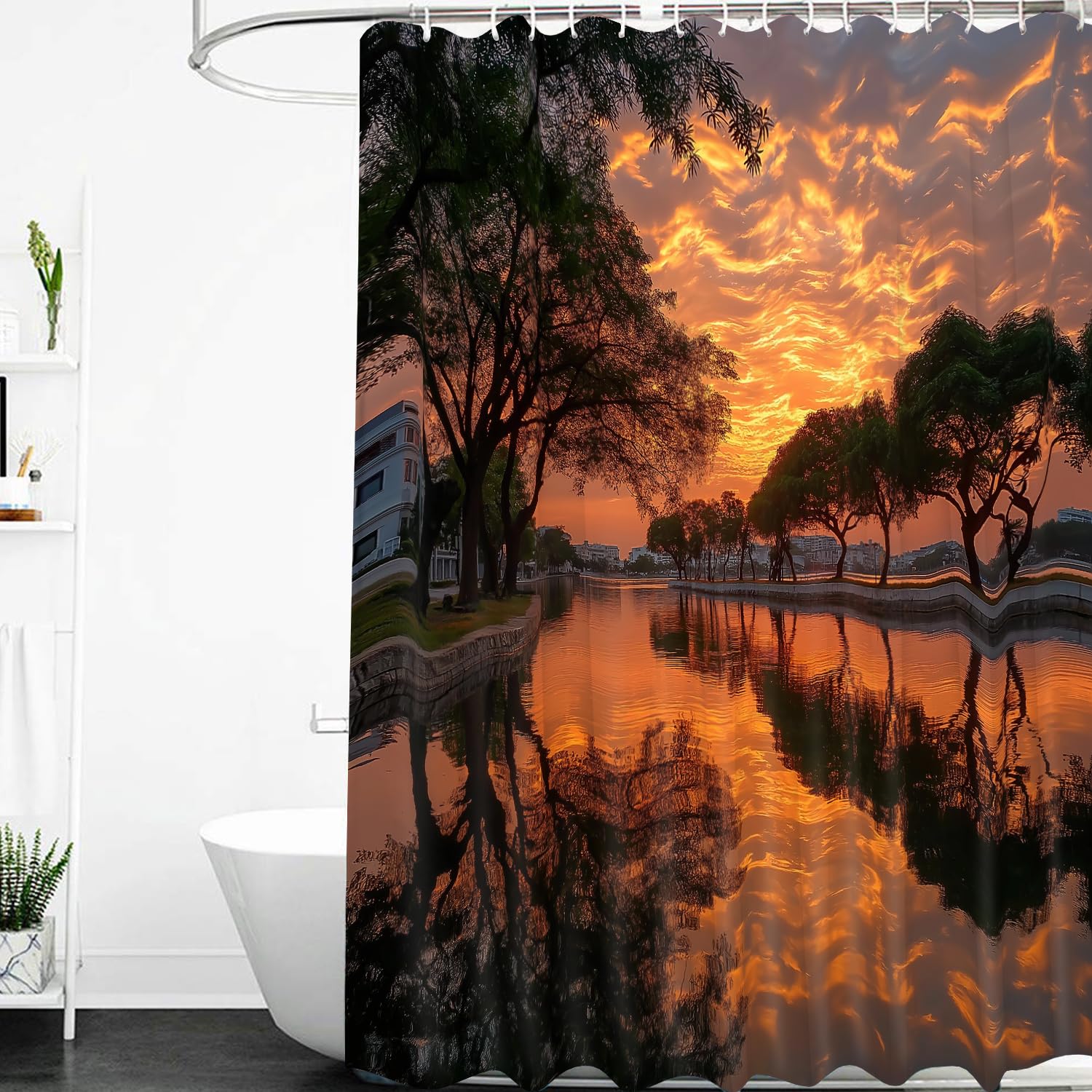 Duschvorhang 200x200 mit Sonnenuntergang und Naturlandschaft, Orange, Sonnenuntergang, Seeblick, Spiegelung, Badezimmervorhang, Wasserdichtes Polyestergewebe für Nassraum Badezimmerdekor mit Haken,