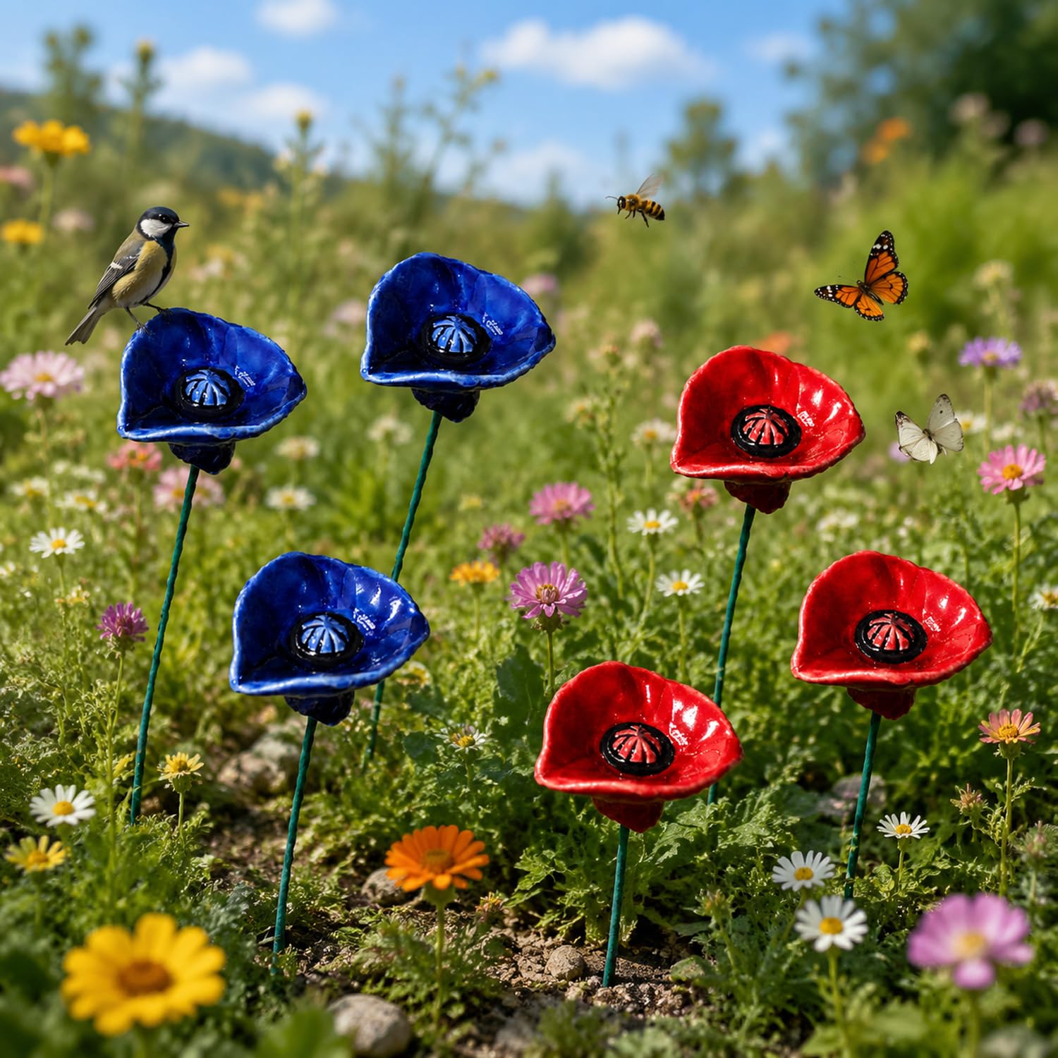 Ceramic Flower Pollinator Water Feeders, Outdoor Garden Stakes for Bees, Butterflies and Hummingbirds, Weather-Resistant Garden Decor for Pollinators (6 red and blue)