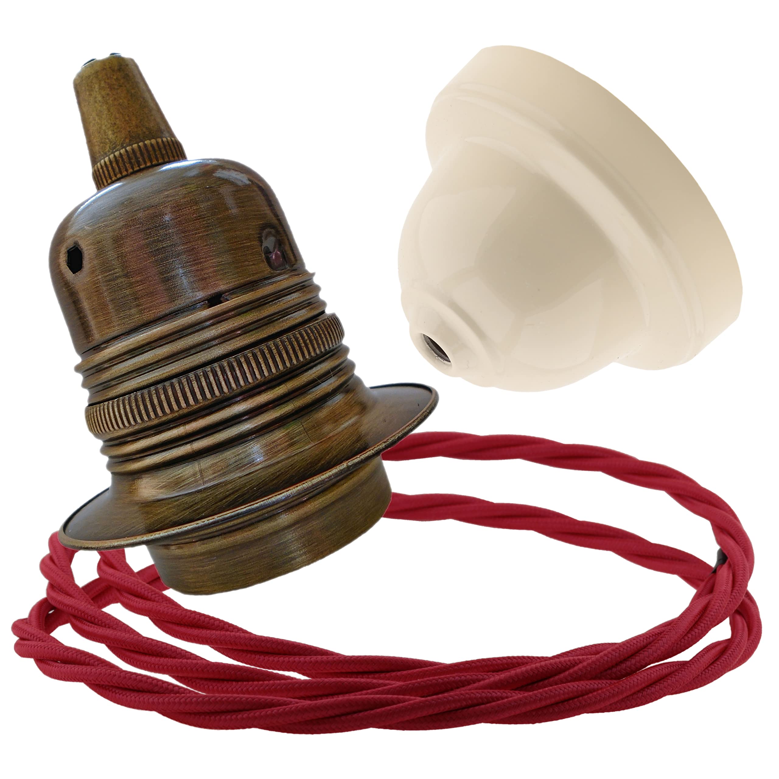 Repaireum Ltd. Pendant Kit with Ivory Bakelite Ceiling Cup E27 Antique Brass Lampholder and Bright Red Flex