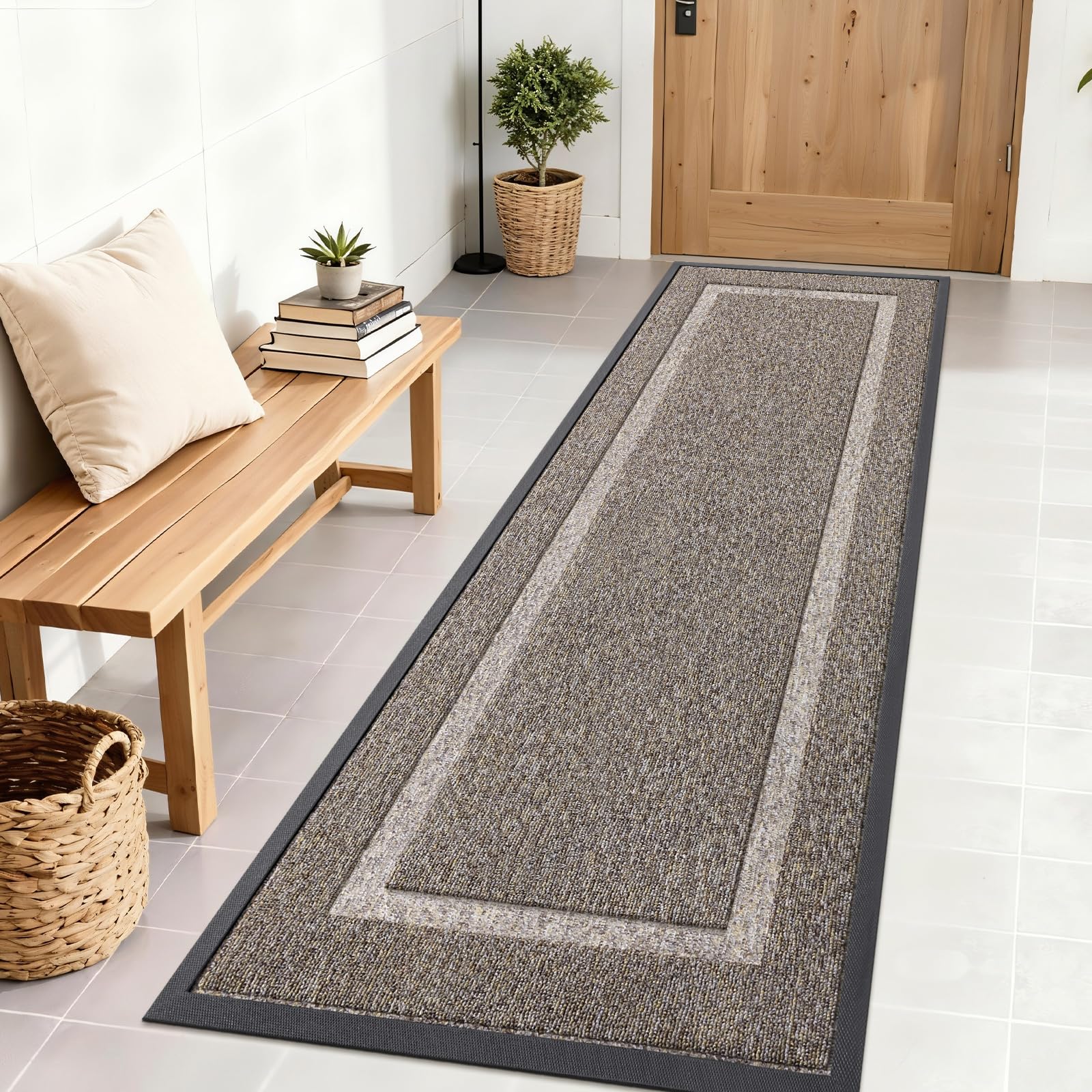 OLANLY Front Door Mat Outside 71x23, All-Season Heavy-Duty Rubber Doormat | Khaki and White, Absorbent, Stain and Fade Resistant, Non-Slip Backing, Low-Profile Indoor Outdoor Floor Mat for Entryway