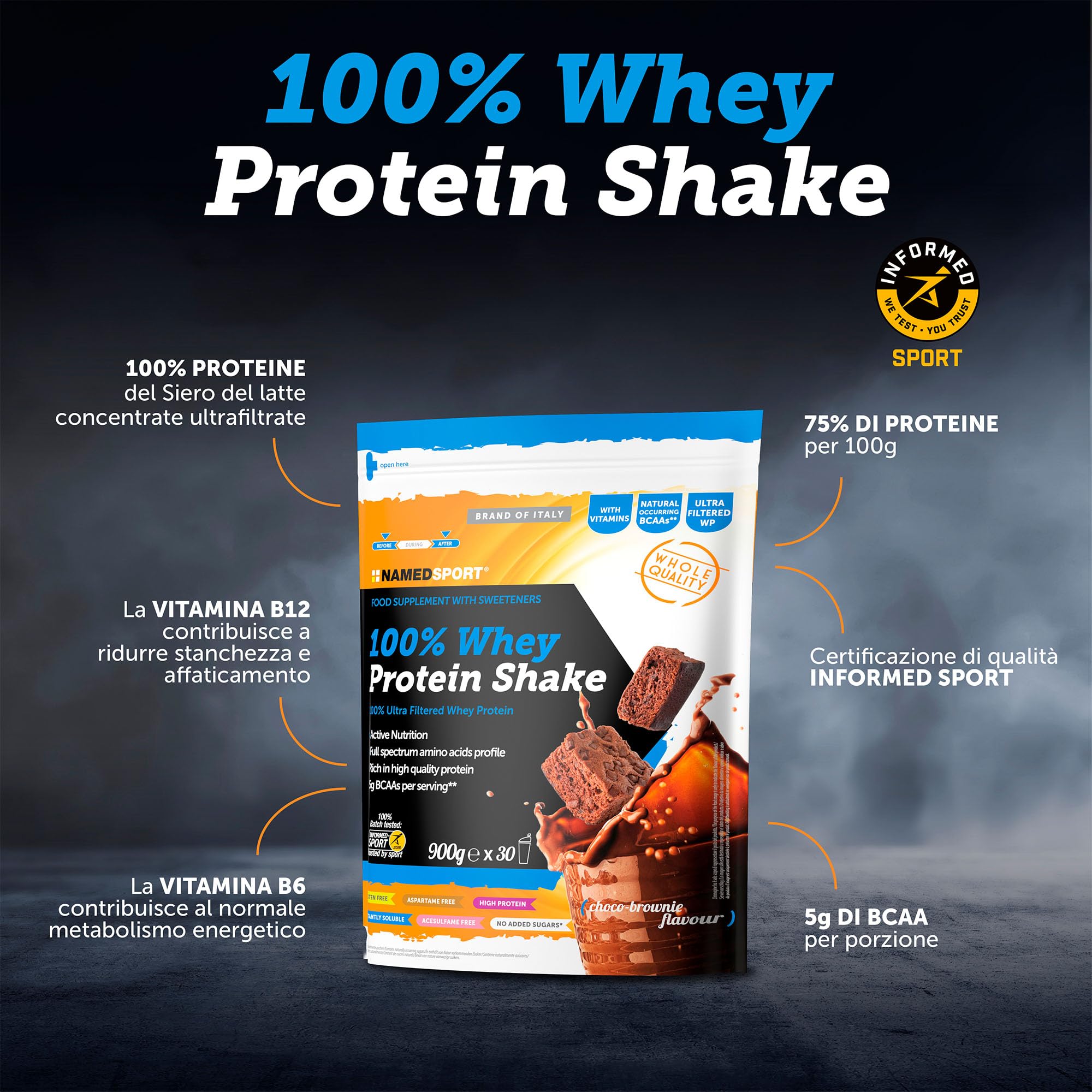 NAMEDSPORT 100% Whey Protein Shake Choco Brownie | Proteine in Polvere Isolate | Proteine del Siero del Latte per Massa Muscolare e Recupero | Low Sugar & High Protein | 900g Brownie al Cioccolato