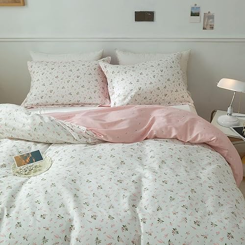 Juego de funda de edredón floral rosa, tamaño matrimonial, juego de ropa de cama de algodón floral de jardín para niños y niñas, funda de edredón