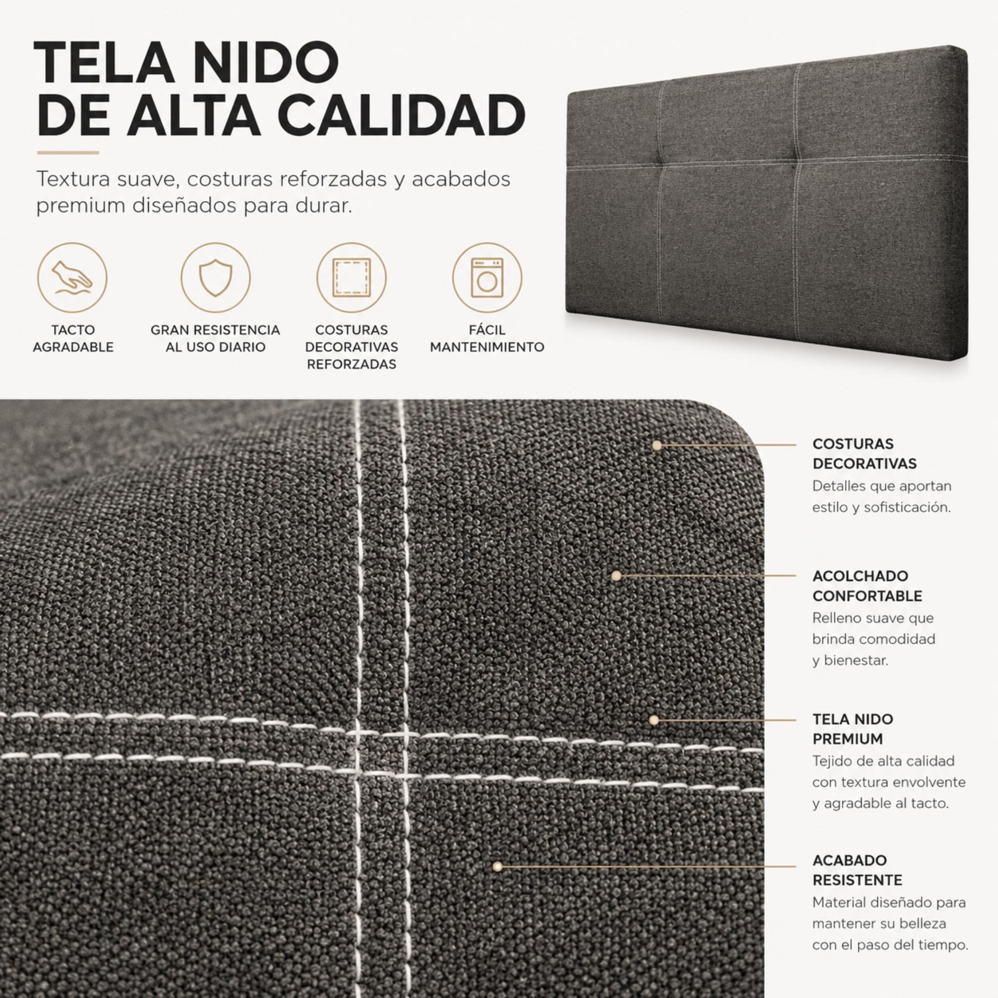 FISIO Dreams Cabecero Tapizado Tela Nido Lola para Cama 90, 105, 135, 150, 160, 180 y 200cm | Cabezal Acolchado Moderno | Tela Acualine Repelente al Agua | Fabricado en España