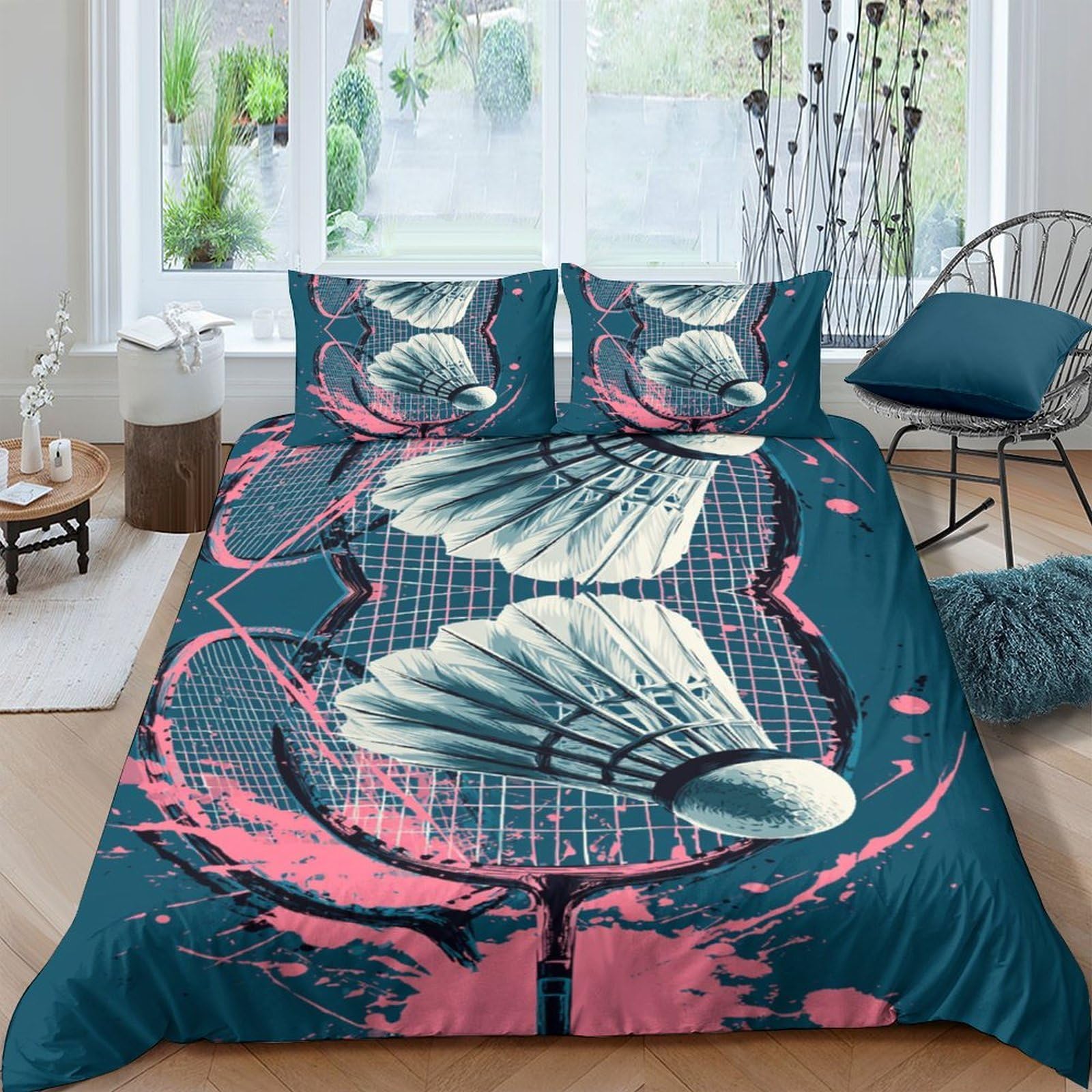 Ctjqhvkz Style-4 3D Printed Badminton Racket Fitted Sheet Microfiber Soft Breathable Shuttlecock Bed Cover For Bedroom Dorm Decor Single（135X200cm）