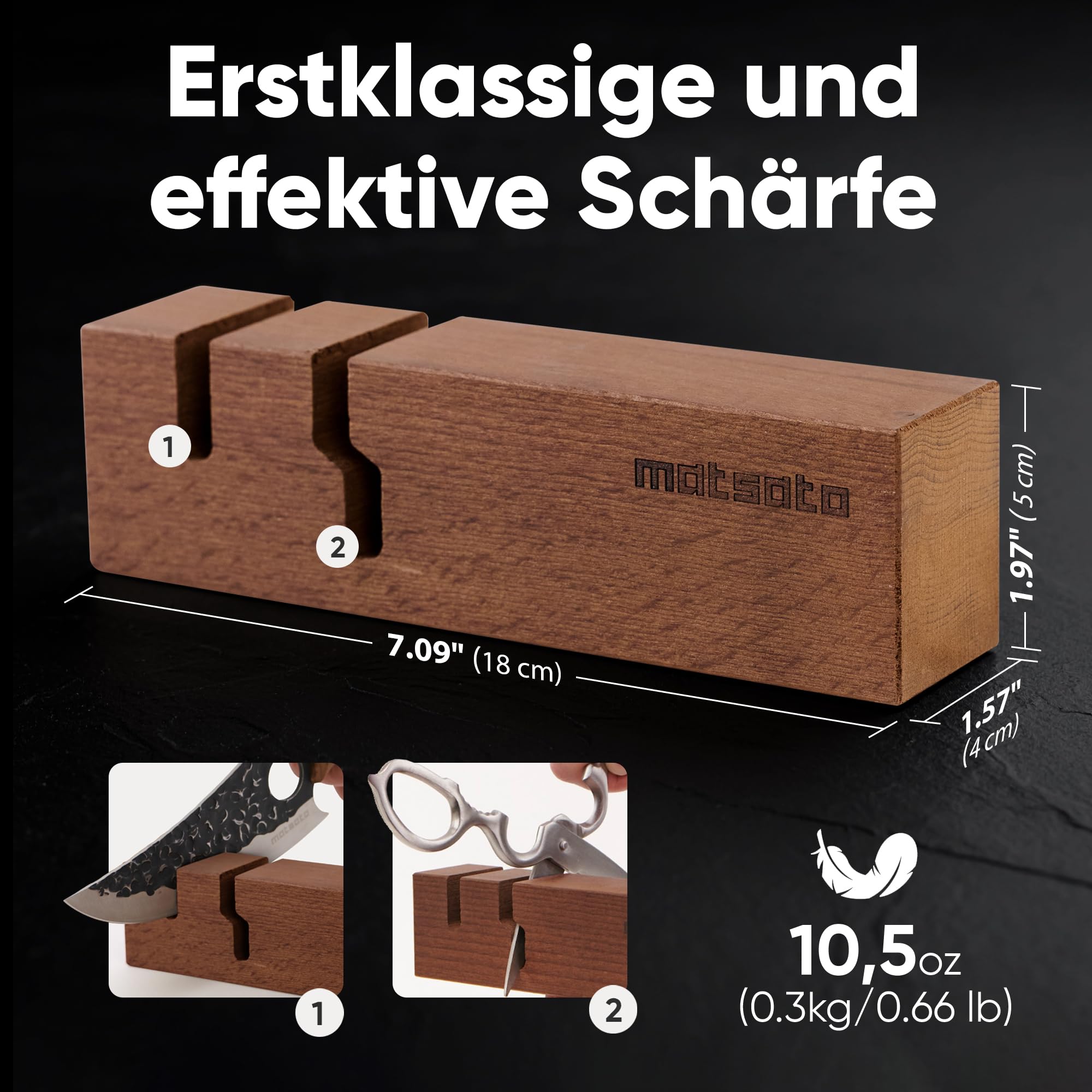 Matsato Messerschärfer 2-in-1 – Schärfgerät für Küchenmesser & Scheren, Keramik-Schleifstäbe, Buchenholz, Knife Sharpener