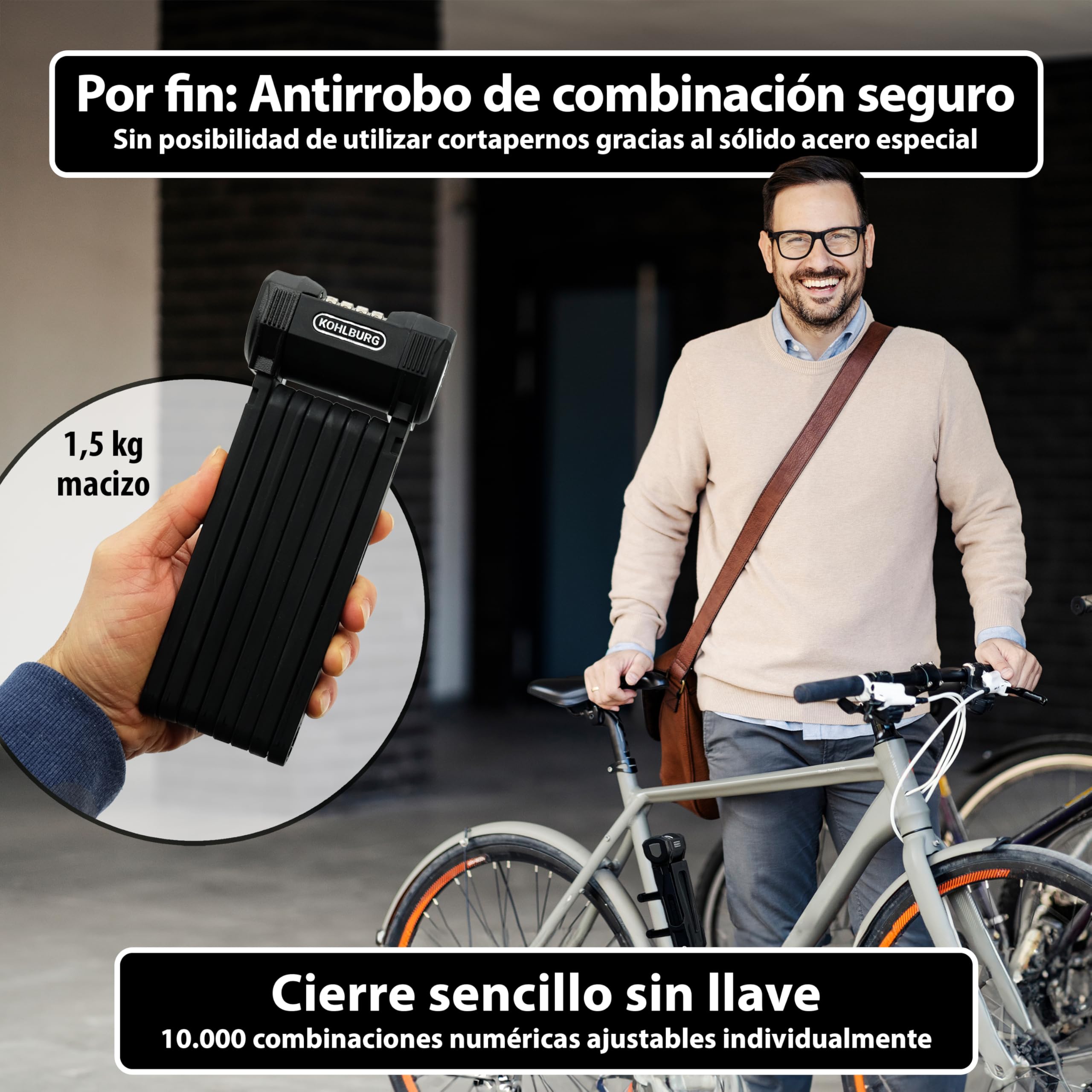 KOHLBURG antirrobo plegable para bicicleta de 110 cm con números [resistente a cortapernos] con código numérico y soporte – candado de combinación de alta seguridad – antirrobo para bici & e‑bike