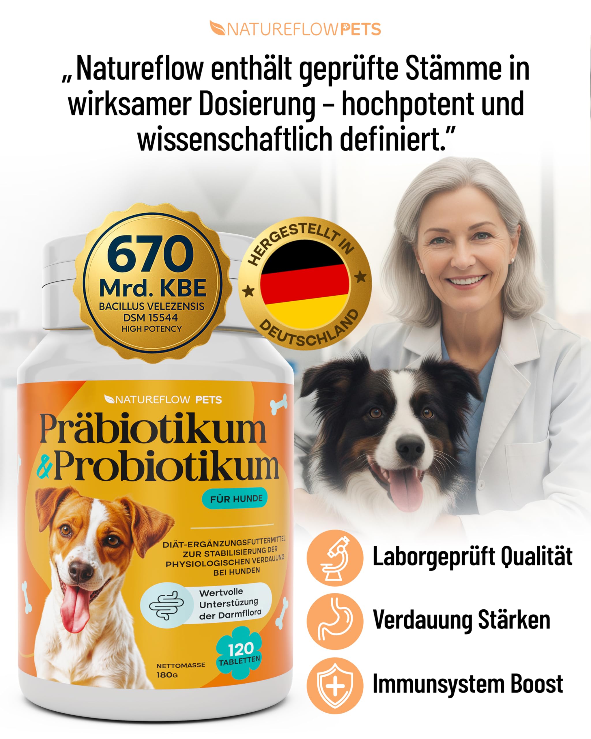 Natureflow Pets - Probiotika Hund - Darmkur bei Durchfall, Blähungen & Sodbrennen - Darmflora aufbauen & Magen-Darm stärken Präbiotika für Hunde - Magenschutz & Darmwohl mit Präbiotikum