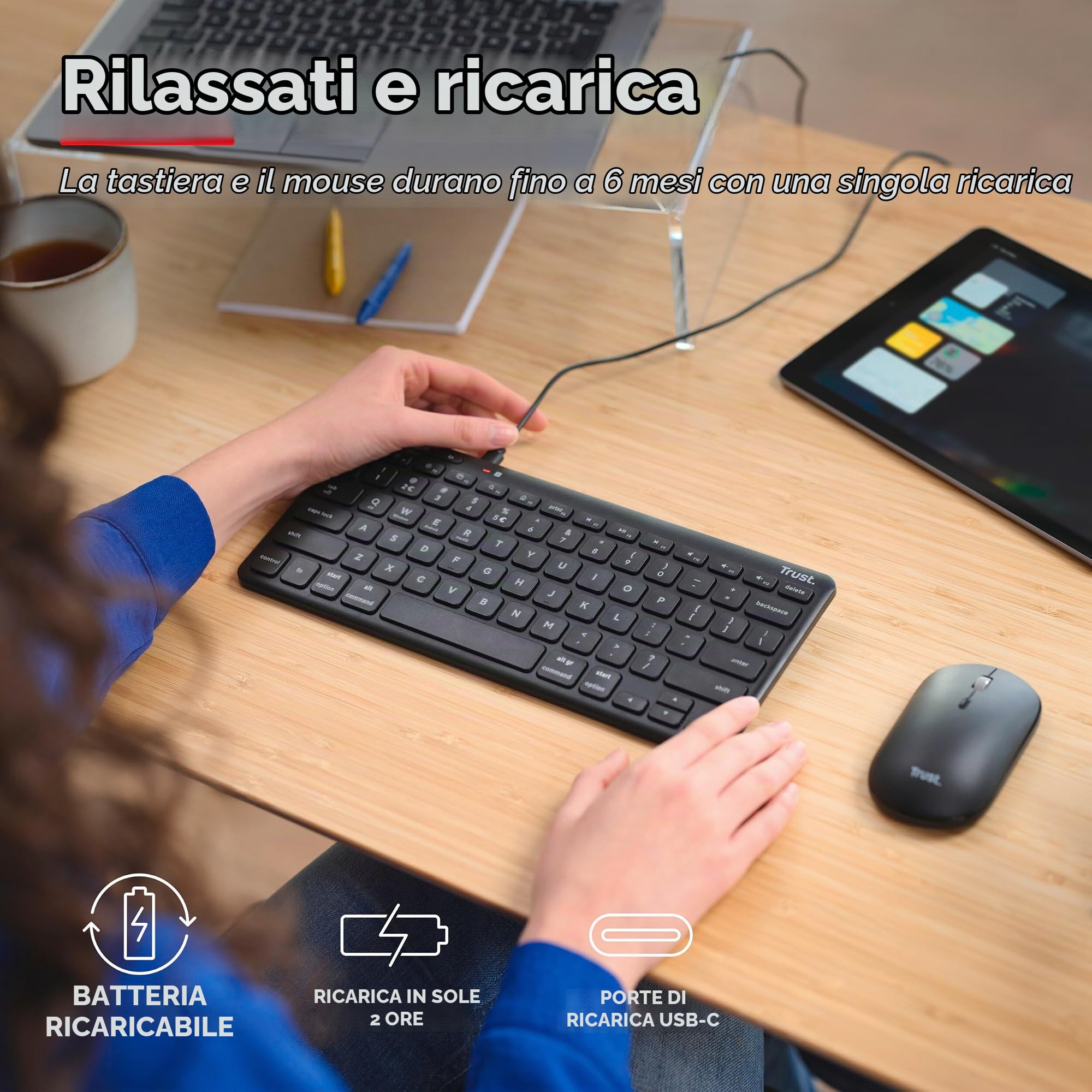 Trust Lyra Pack Wireless Bluetooth Keyboard and Mouse, QWERTY Spanish, 85% Recycled Plastic, Compact Rechargeable Combo for Windows, Mac, PC, Laptop, Tablet, iPad, Android, iOS, Black