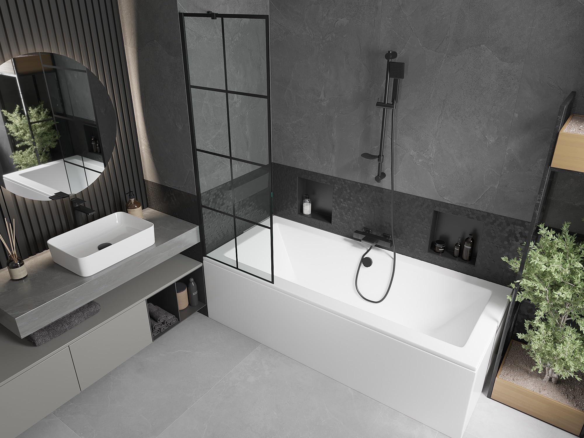 Mexen Cube Rechteckige Badewanne 170 x 80 cm mit Verkleidung und einflügeliger 60 cm Sichtblende