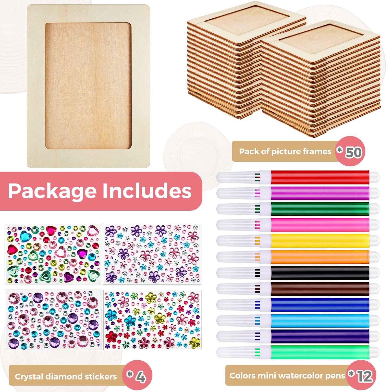 8 Pieces Unfinished Wooden Picture Frame Craft Kit - 7.9” x 5.9” DIY Painting Set Includes 12 Color Pens, 4 Sheets of Crystal Diamond Stickers for Photo Frame Decoration and Custom Art Projects
