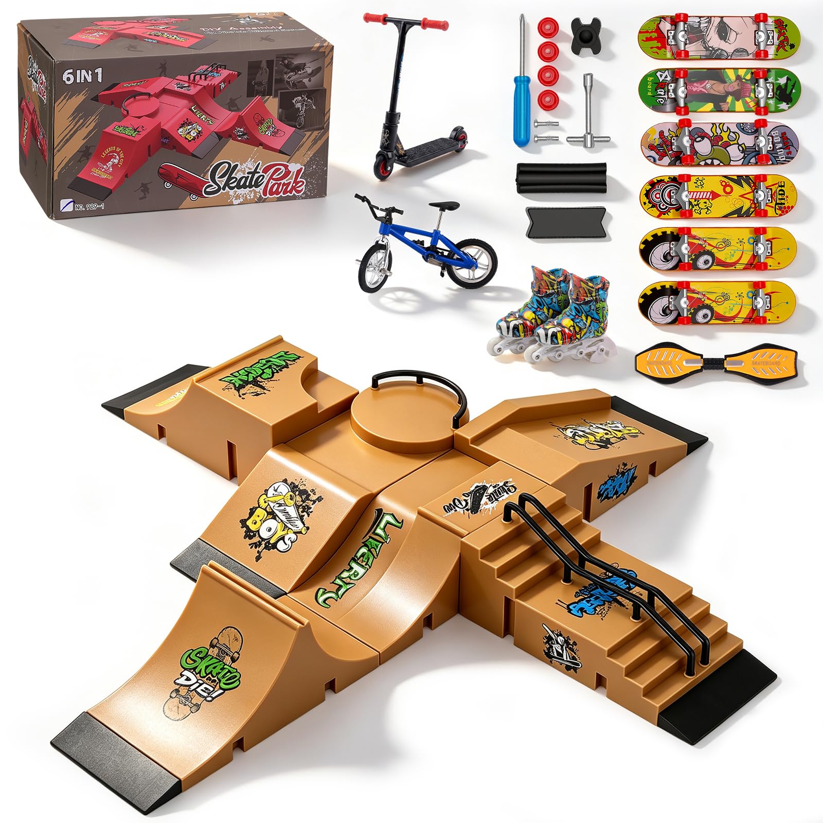 Fingerboard Skatepark Set 6‑in‑1 Ramp Kit with 6 Finger Boards & Toys