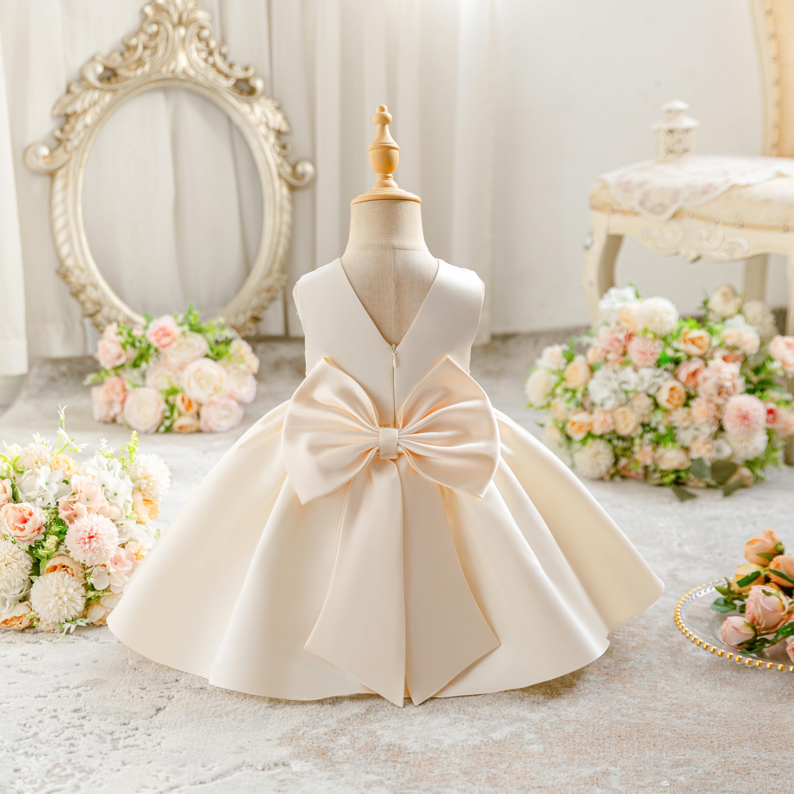 Miipat Robe pour Bébé Fille Satiné Robe Demoiselle d'honneur Bowknot Ligne A V-arrière Baptême Mariage de Soirée Anniversaire Fête Communion Robes pour Enfants de 6 Mois à 4 Ans