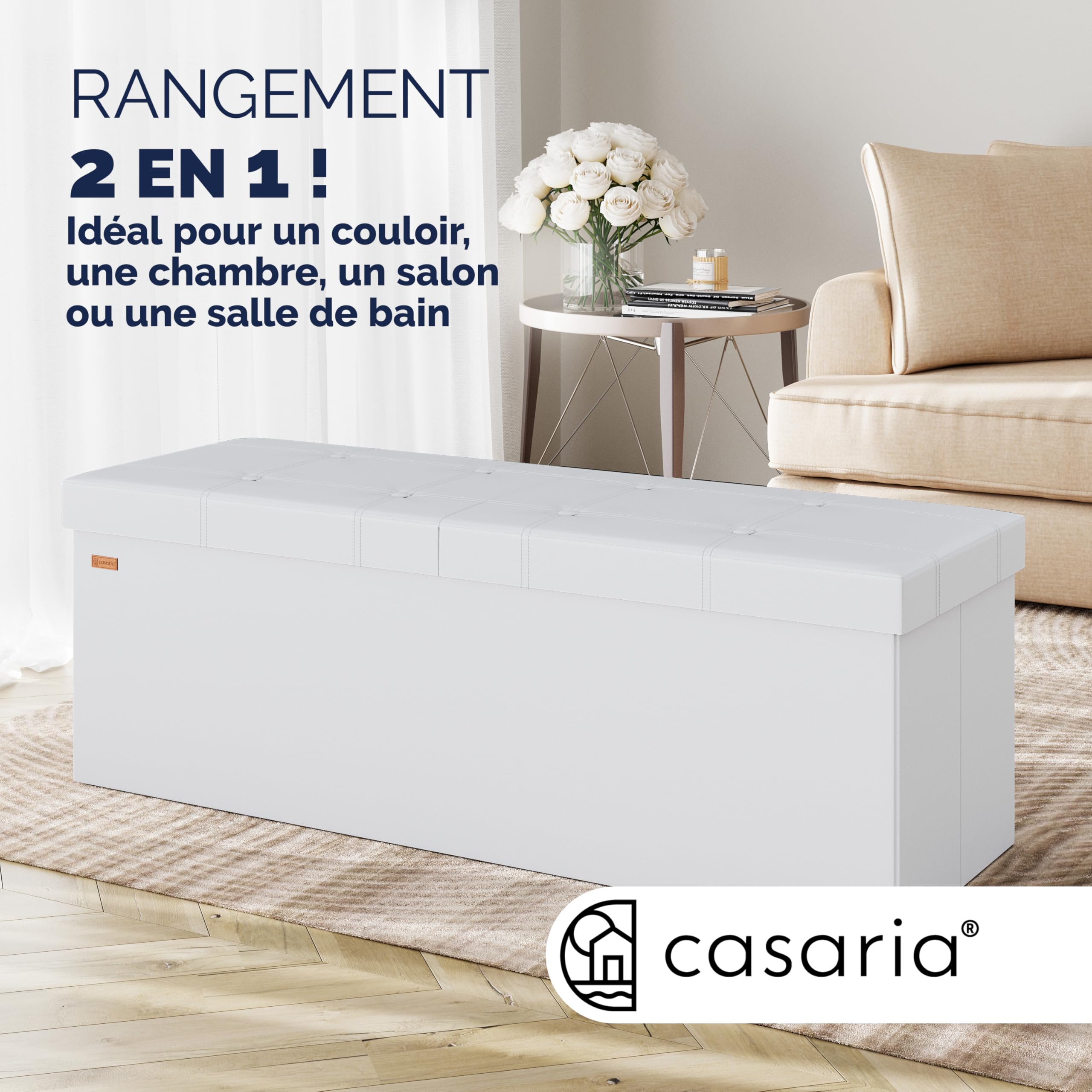Casaria Banc de Rangement Blanc 115x38x38cm Coffre de Rangement Pliable 131L avec Couvercle Rabattable pour Salon Chambre