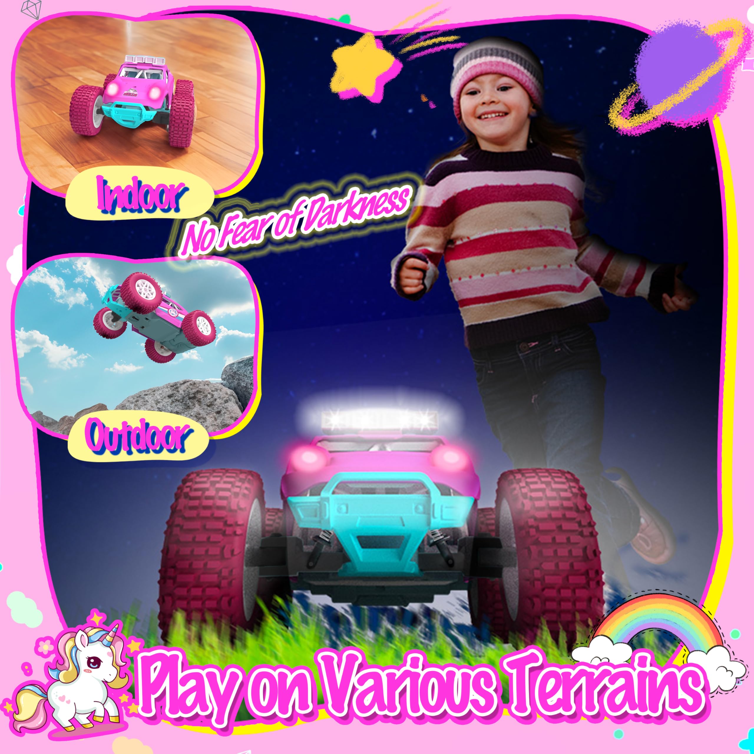 GirliGlee Macchina Telecomandata per Bambini,1/18 Unicorno LED Auto Telecomandata con 2 Batterie,Regalo Bambina 5 6 7 8 10 Anni,Giocattoli Giochi Bambina 6 7 8 Anni Femmina,Unicorno Bambina Regalo