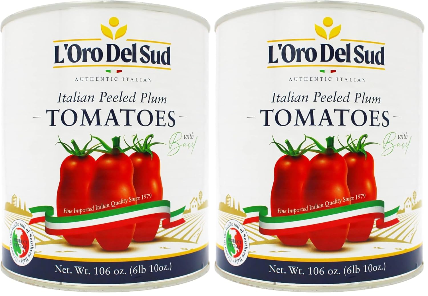 L'Oro Del Sud Italian, Whole Peeled San Marzano Style Plum Tomatoes in Puree with Basil, Large Size, 3.4 kg (106oz), Pasta Sauce, Product of Italy (Pack of 2)