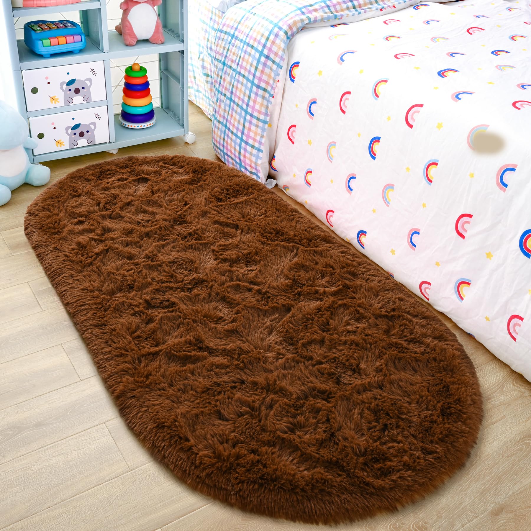 Noahas Fluffy Brown Rugs for Bedroom Living Room,2.6'X5.3' Oval Throw Rug for Kids Room,Shag Hallway Runner Rug,Small Soft Shaggy Bedside Non-Slip