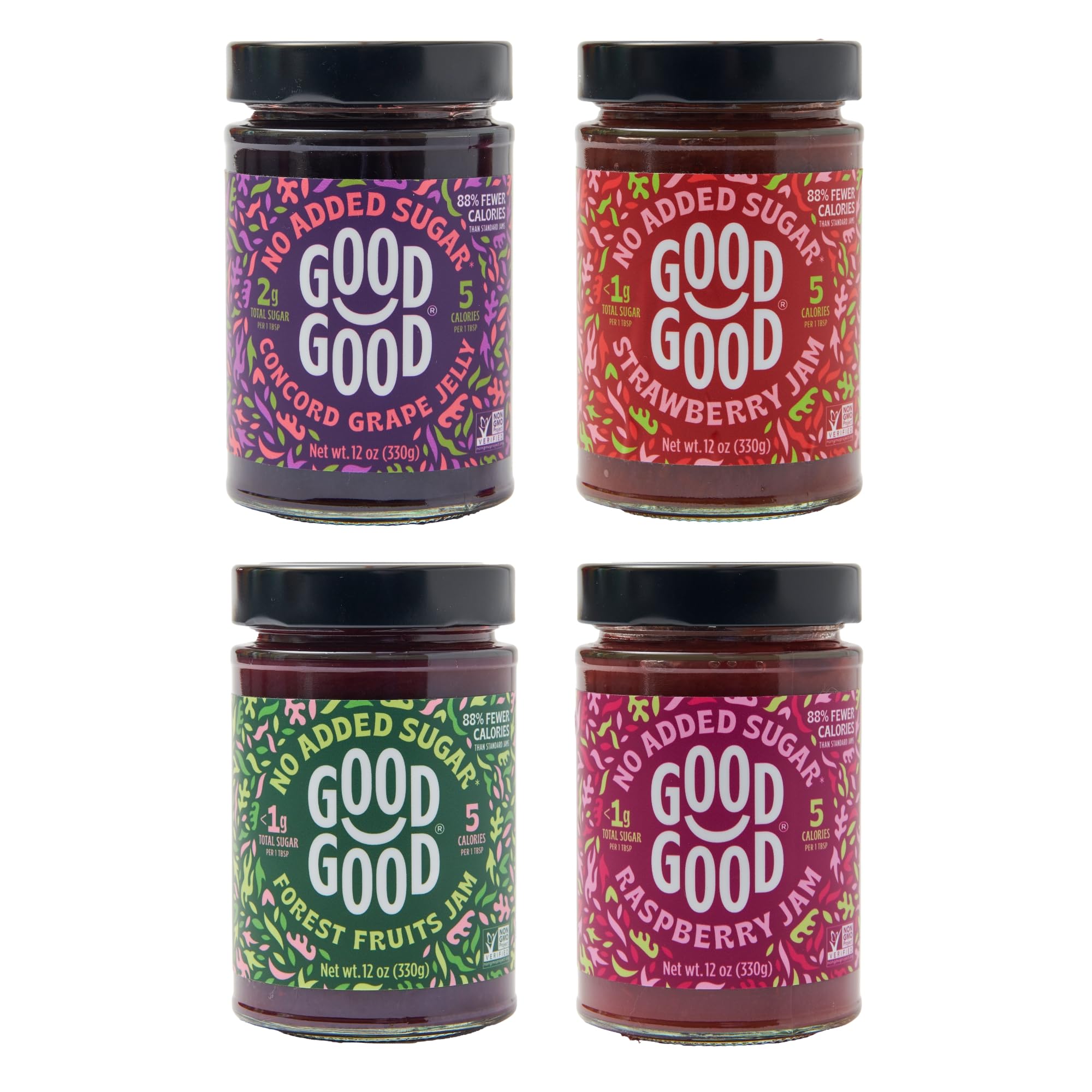 GOOD GOOD No Added Sugar Fruit Jam Variety Pack of 4 - Keto Friendly Jelly - Strawberry, Concord Grape, Forest Fruits and Raspberry Jam - Low Carb, Low-Calorie and Vegan - 12oz / 330g Jars