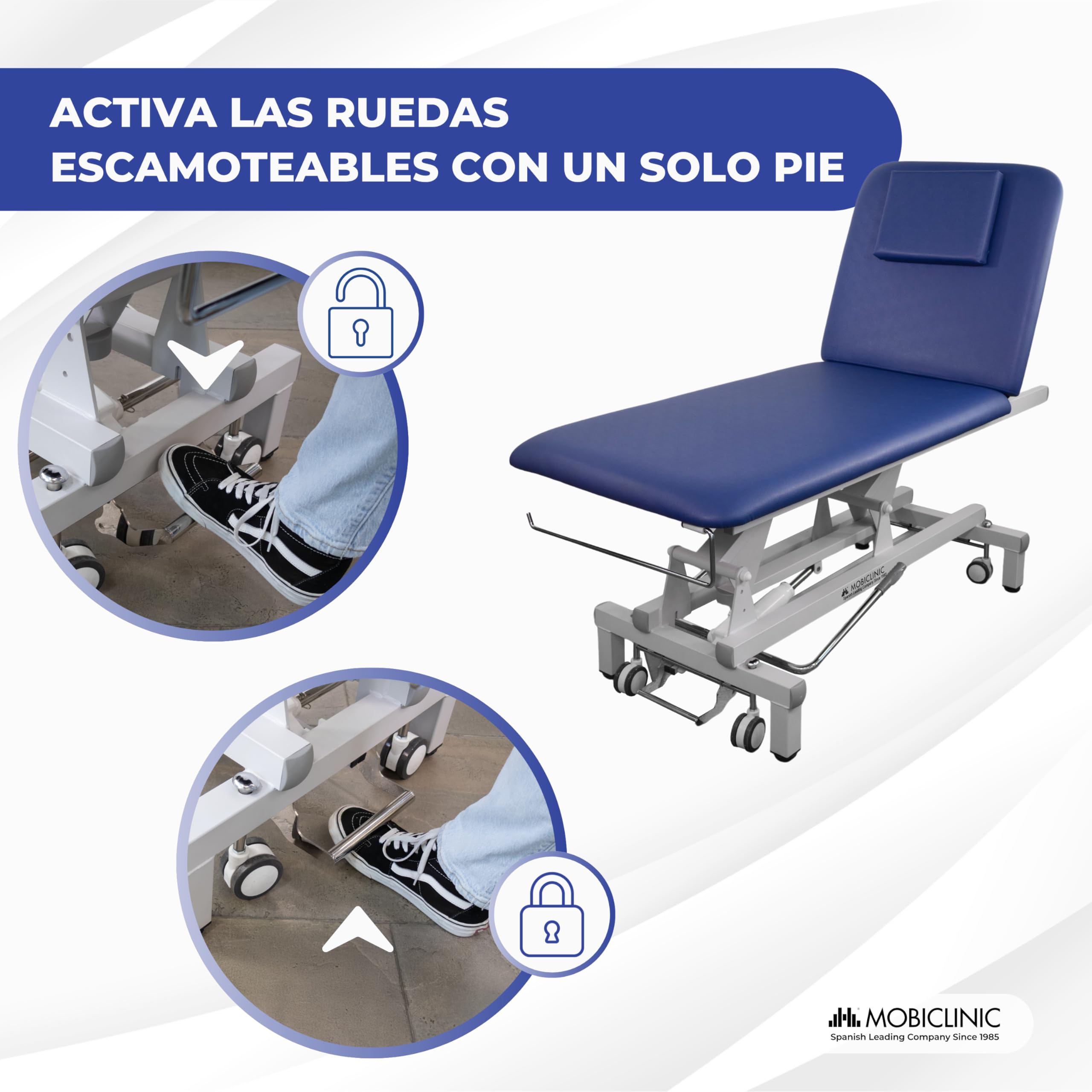 Mobiclinic®, Camilla Hidráulica Dos Cuerpos, Ajustable en Altura, 180 Kg | Respaldo Reclinable, 194 x 70 x 83 cm, Ruedas Escamoteables, Agujero Facial, Portarrollos, Profesional, Masaje, Estética