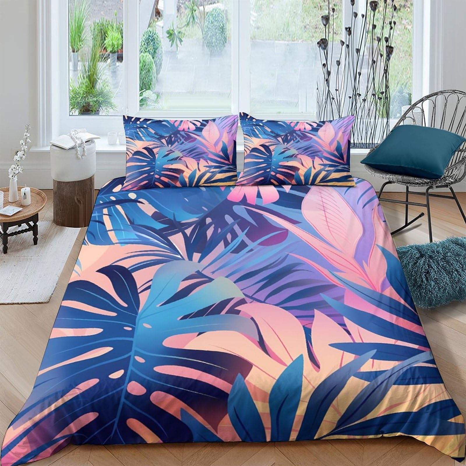 Ctjqhvkz Style-3 3D Printed Tropical Leaves Fitted Sheet Microfiber Soft Vibrant Sunset Jungle Bed Cover For Bedroom Dorm Mattress Decor Single（135X200cm）