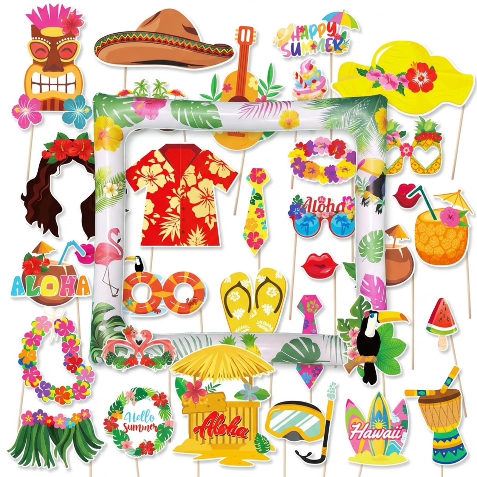 31 Hawaiian Party Decorations, Complete Tropical Summer Photo Booth Props Set with Large Inflatable Selfie Frame, Ideal for Beach Themed Celebrations and Social Media Content Creation