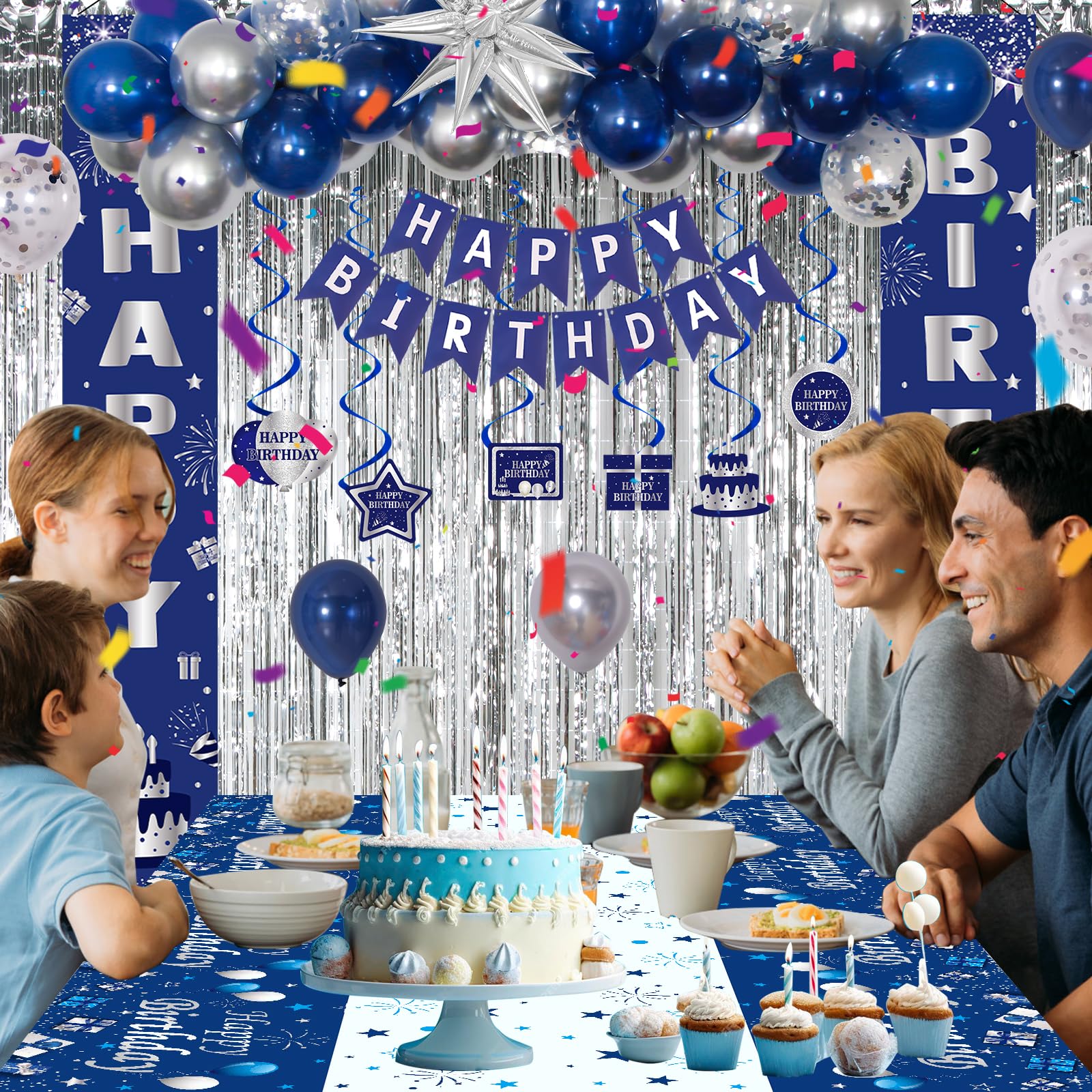 Decoraciones de cumpleaños azules para niños, hombres y mujeres, decoraciones de feliz cumpleaños, azul marino y plateado, globos de feliz cumpleaños, cubierta de mesa, cortina de flecos, pancarta de