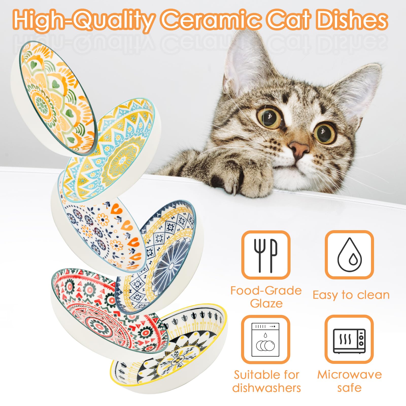 Set 6 Ciotole Ceramica Per Gatti - 250 Ml Colorate Con Design Antifatica Baffi - Microwavable - Foto 8