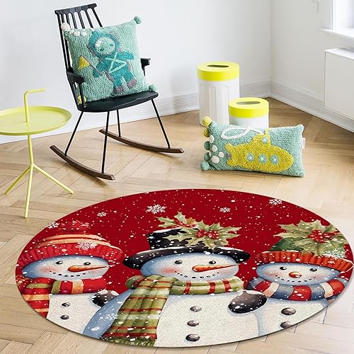 Miniatura 4 de Alfombra redonda de muñeco de nieve roja de 6 pies, lavable para interiores y exteriores, para dormitorio, cocina, baño, sala de estar, comedor,