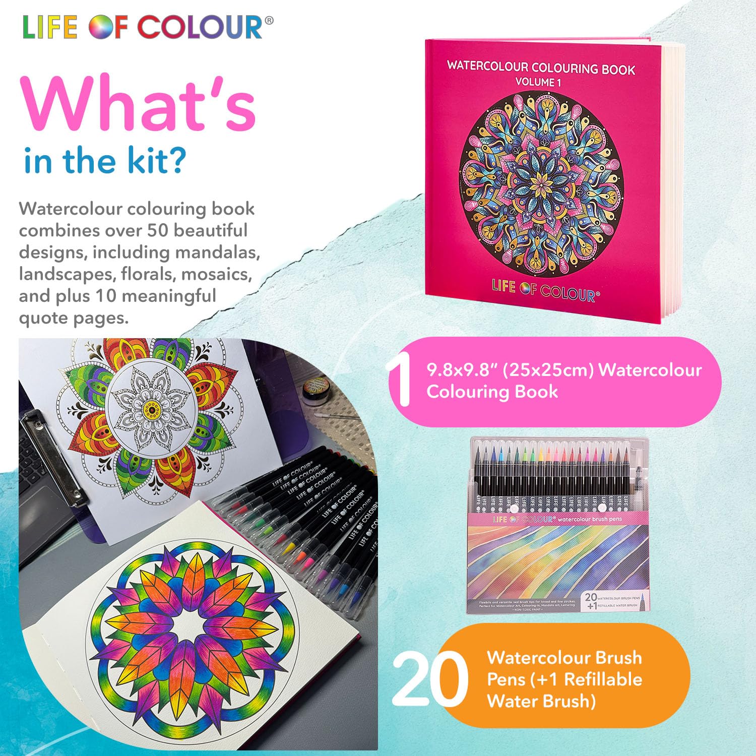 Life of Colour Aquarell-Malbuch – Band 1, inklusive 20 Aquarell-Pinselstiften + nachfüllbarem Wasserpinsel – Aquarellfarben-Set für Erwachsene und Jugendliche, achtsame Kunst und Aquarell-Malbuch-Set