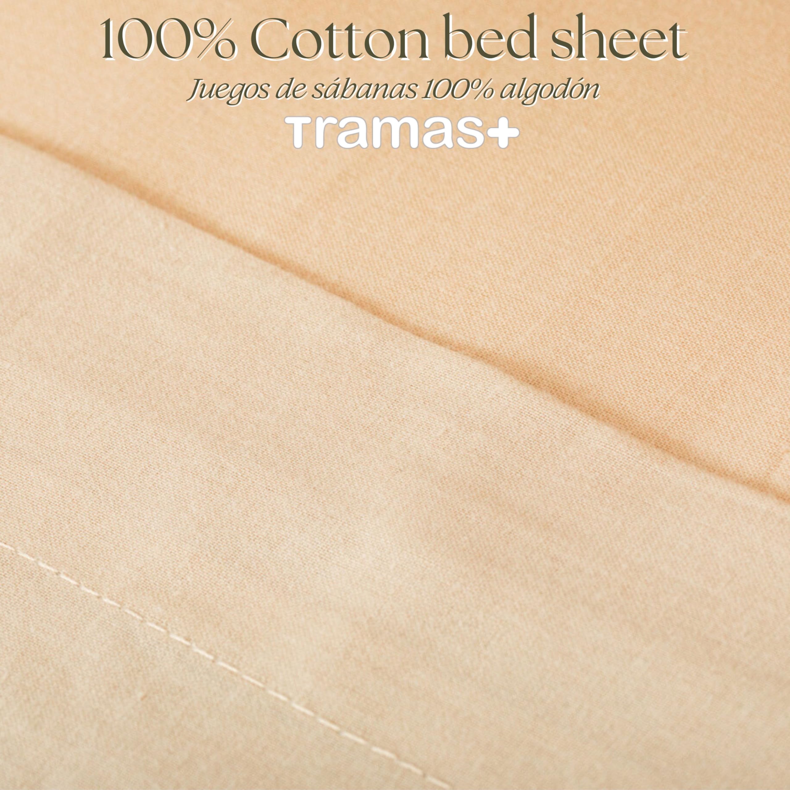 TRAMAS+ Parure de lit 100% Coton pour lit 160x190/200 cm, 4 pièces, Drap-Housse, Drap Plat et 2 taies d'oreiller 90x45 cm, Douce, Respirante et certifiée Oeko-TEX, Sable