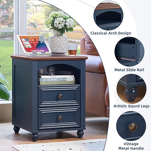 Miniatura 9 de Juego de 2 mesitas de noche de granja de 18 pulgadas con estación de carga, mesita de noche azul madera con 2 cajones, mesita de noche con