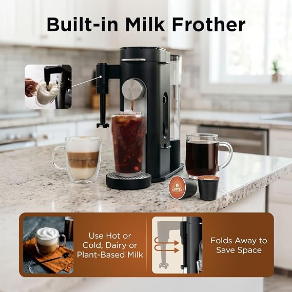 Ninja Coffee Maker, Single Serve, Brew with Coffee Pods and Grounds, Compatible with K-Cup Pods, 4 Styles, up to 24 Ounces Cup Sizes and 56 Ounces Removable Reservoir, Black, PB051