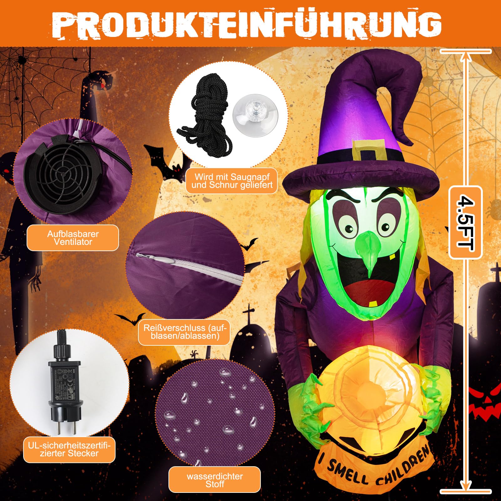 4,5 Ft Halloween deko Aufblasbar Hexe, Halloween deko Outdoor Fenster,Geisterhexen mit Kürbis-Bonbonglas,eingebaute LED, Halloween aufblasbar Halloween deko Garten,Outdoor,Party