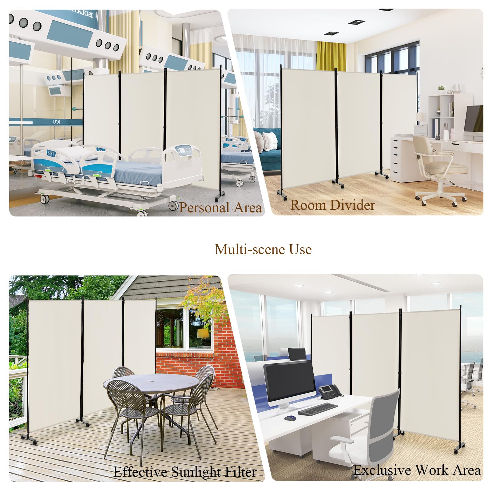 LIFEZEAL Divisorio a 3 Pannelli, Separè per Interno, Esterno, Paravento Mobile, Pieghevole, Parete Divisoria, Telaio in Metallo, con 8 Ruote, Protezione di Privacy, Separatore di Spazio (beige)