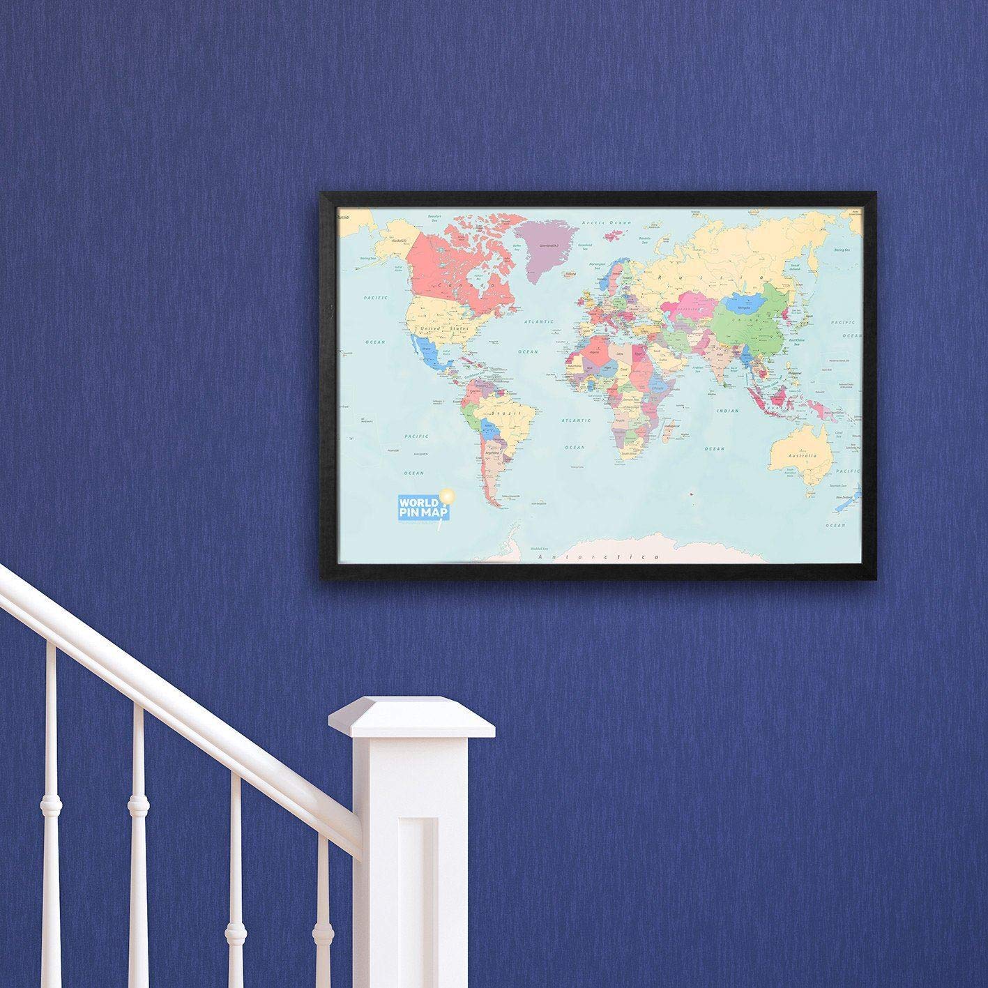 Laminated World Pinboard Map Framed in Black Wood 76 x 51cm - New Design — image 1
